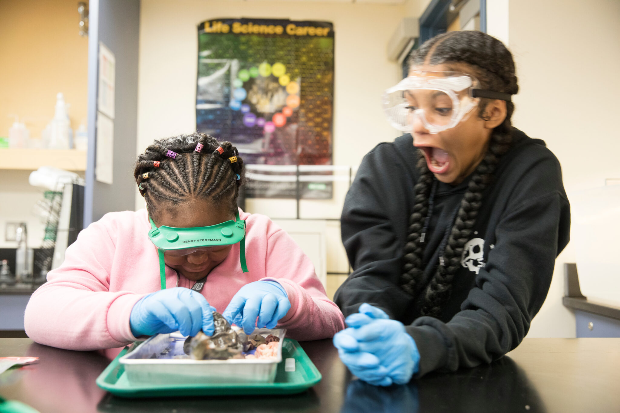 Two middle school students working on a dissection lab.